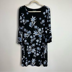 RALPH LAUREN Womens Shift Dress Black Blue Floral Bell Sleeve Scoop Neck 16 NWT